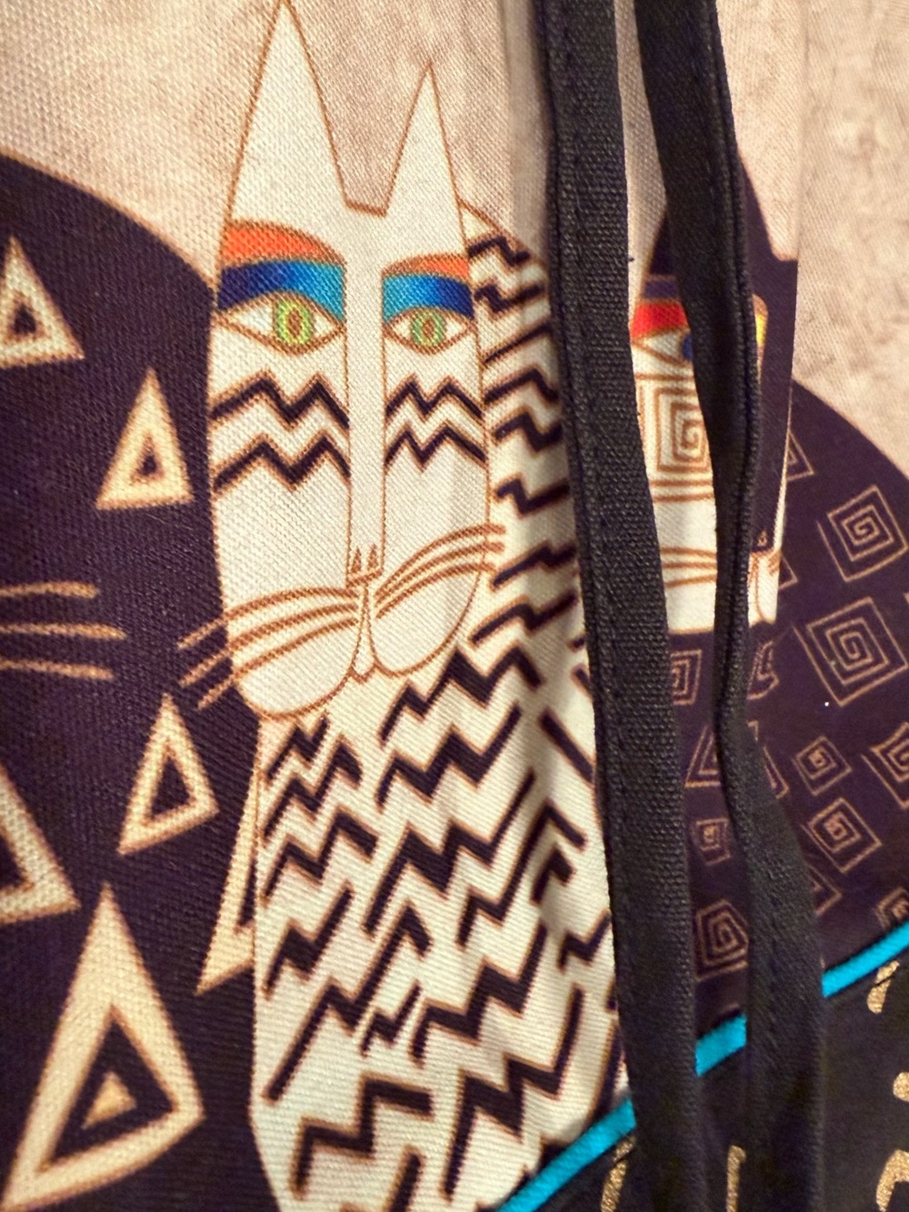Laurel Burch Black/Turquoise/Gold Cat Drawstring Tote Bag - Picture 3 of 11
